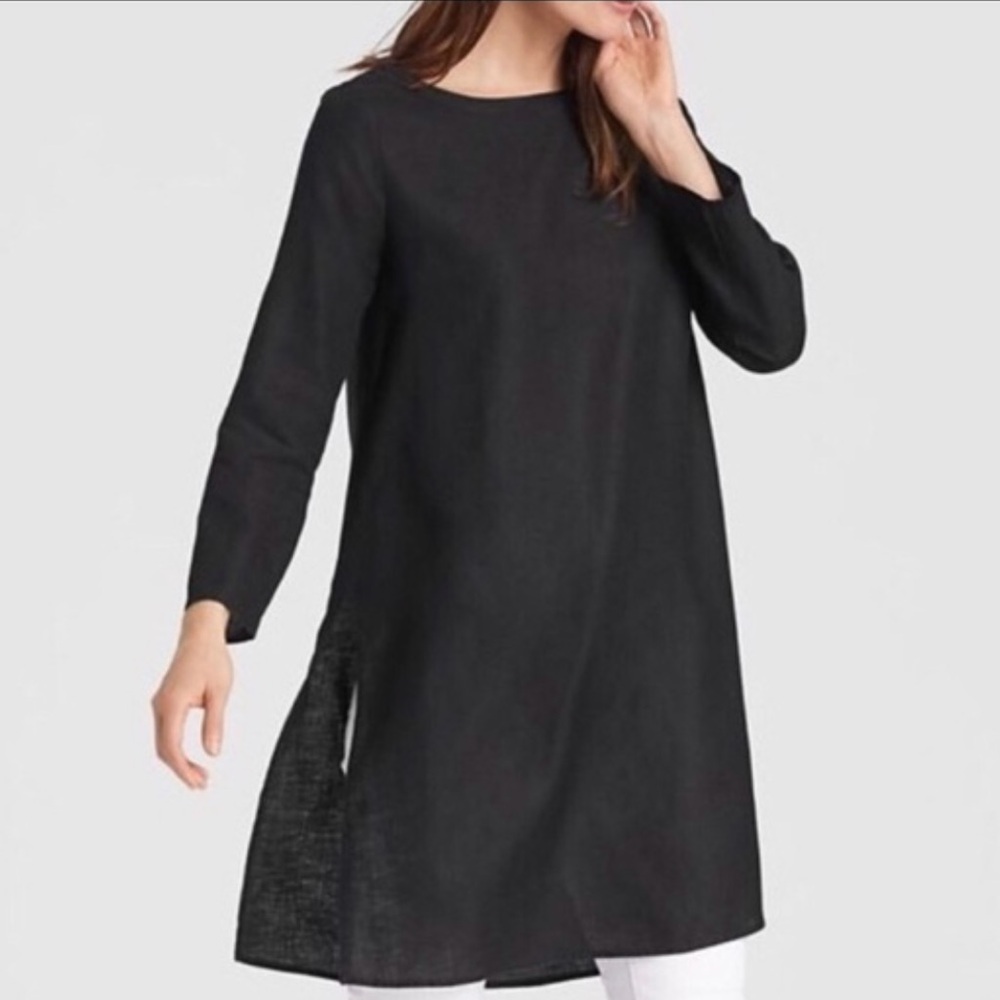 Eileen Fisher Organic Handkerchief Linen Tunic Top Black  XS